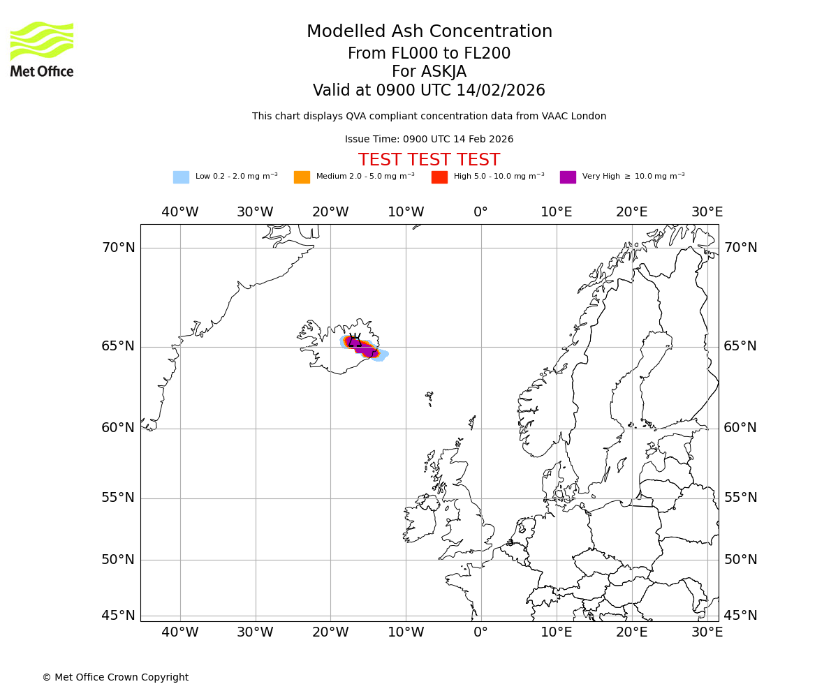 Modelled ash concentration from 000 to 200 for ASKJA. Valid at 0900 UTC 14/02/2026