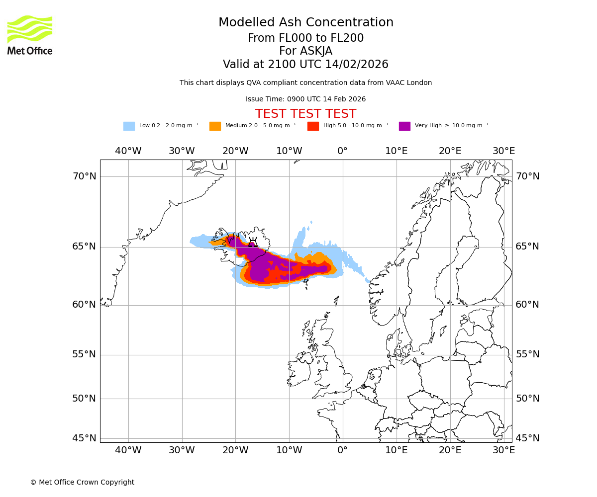 Modelled ash concentration from 000 to 200 for ASKJA. Valid at 2100 UTC 14/02/2026