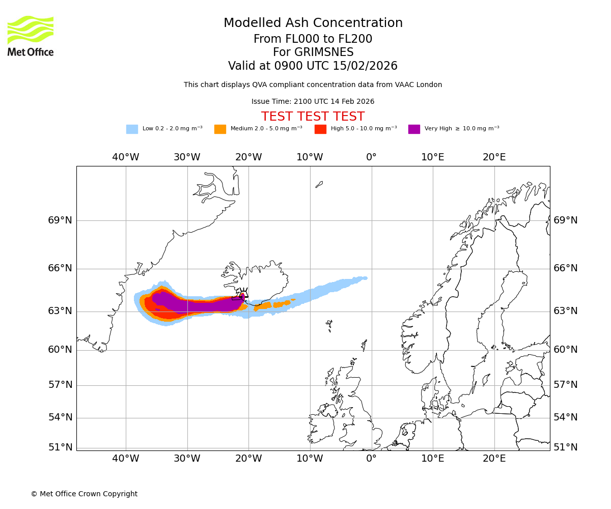 Modelled ash concentration from 000 to 200 for GRIMSNES. Valid at 0900 UTC 15/02/2026