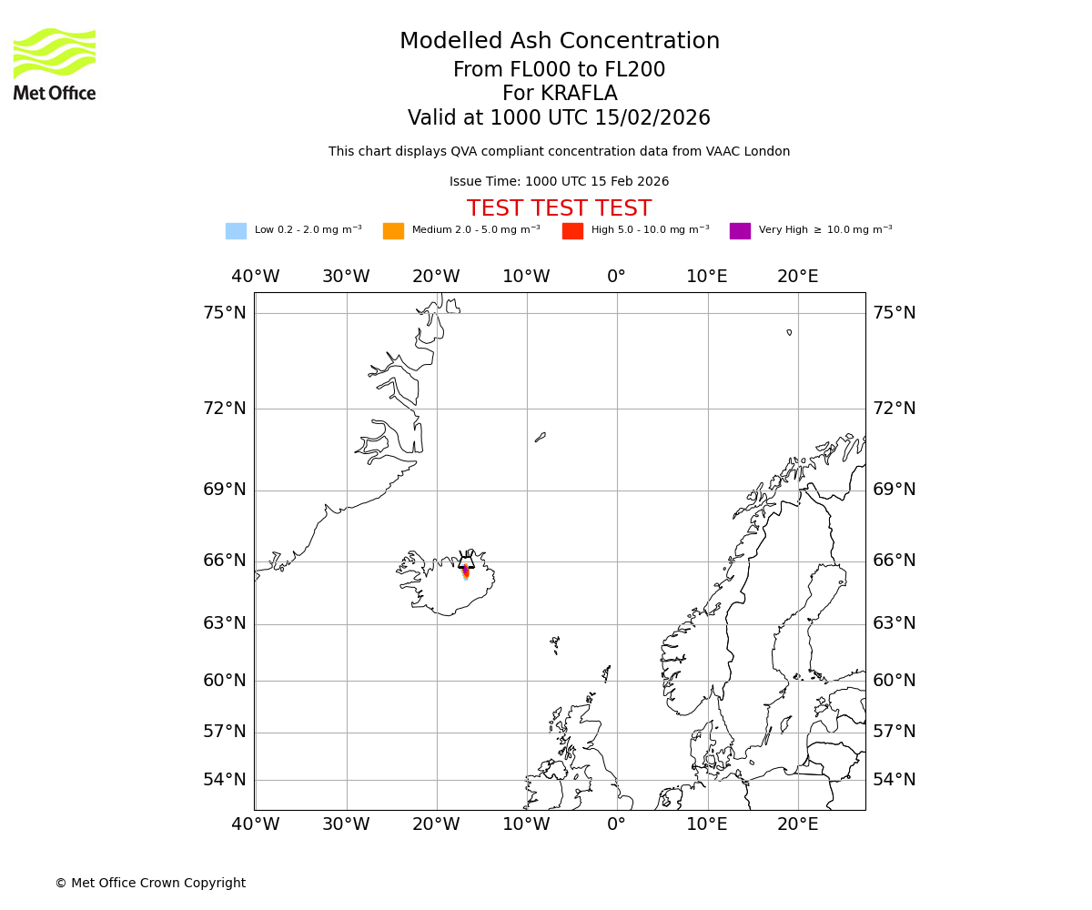 Modelled ash concentration from 000 to 200 for KRAFLA. Valid at 1000 UTC 15/02/2026