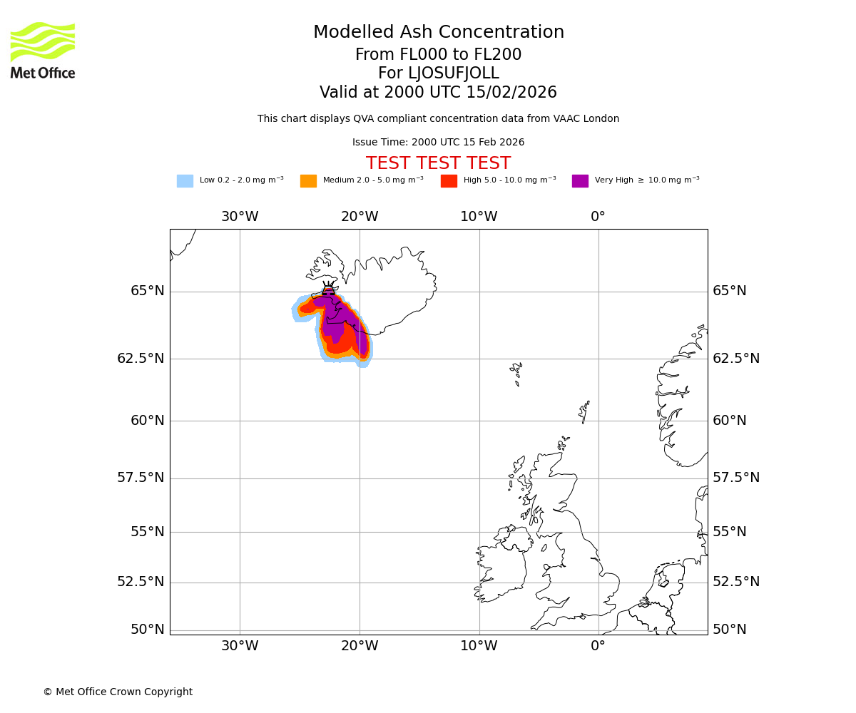 Modelled ash concentration from 000 to 200 for LJOSUFJOLL. Valid at 2000 UTC 15/02/2026