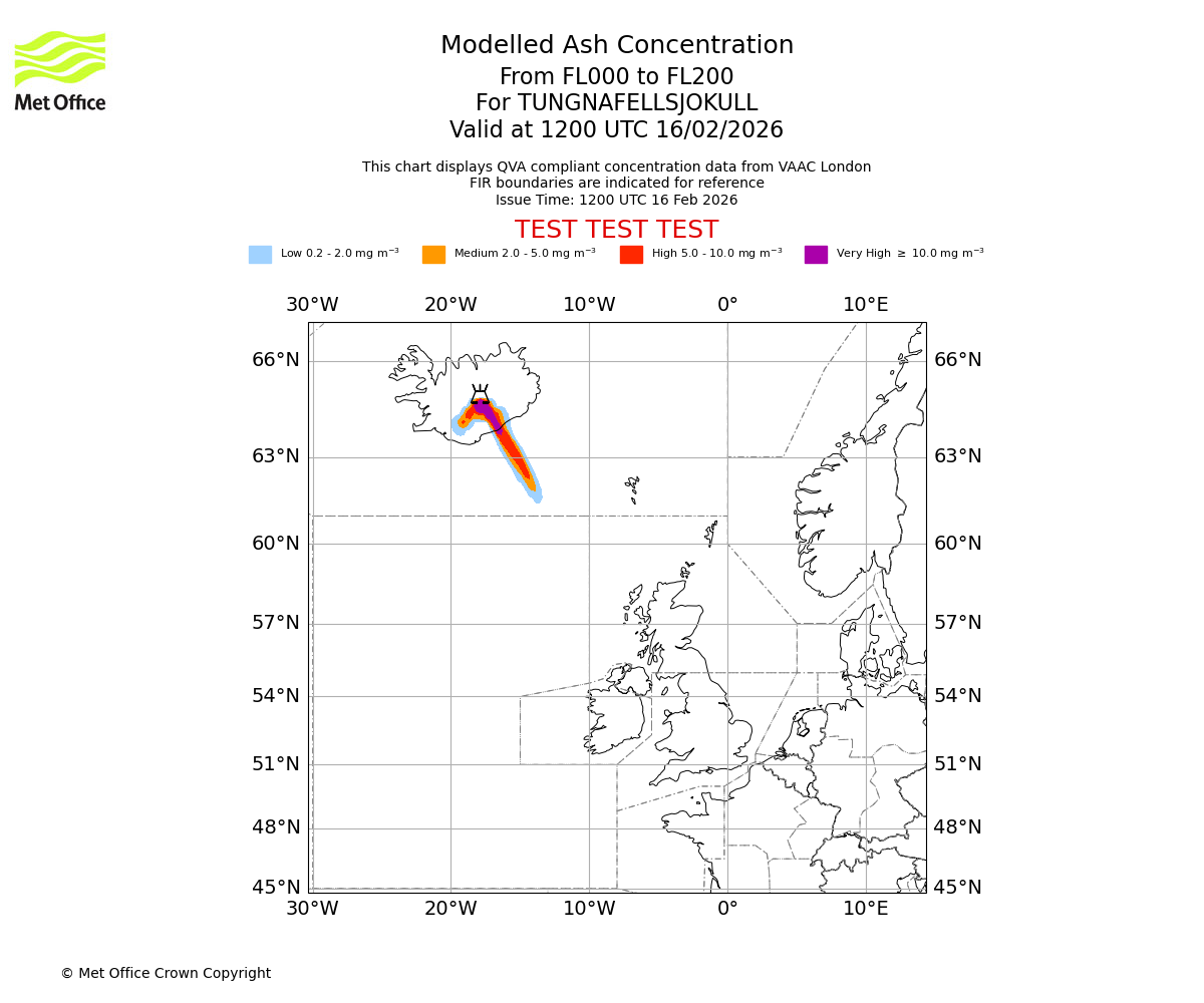 Modelled ash concentration from 000 to 200 for TUNGNAFELLSJOKULL. Valid at 1200 UTC 16/02/2026