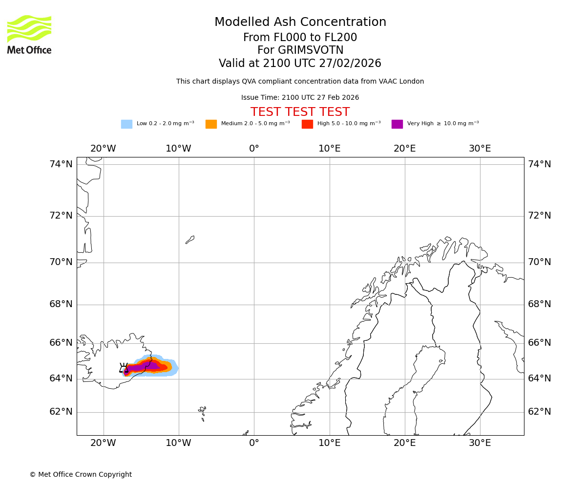 Modelled ash concentration from 000 to 200 for GRIMSVOTN. Valid at 2100 UTC 27/02/2026