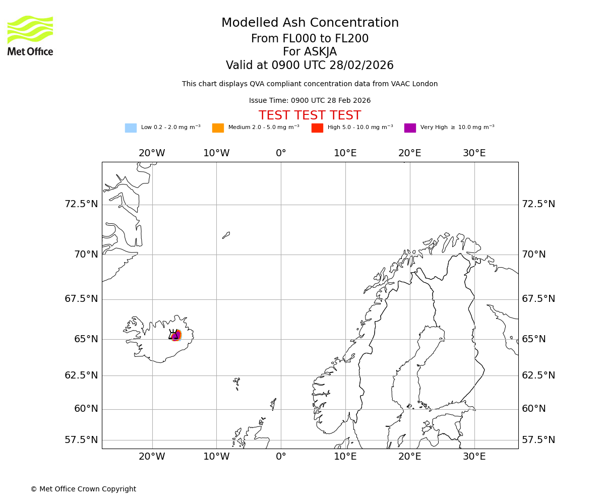 Modelled ash concentration from 000 to 200 for ASKJA. Valid at 0900 UTC 28/02/2026