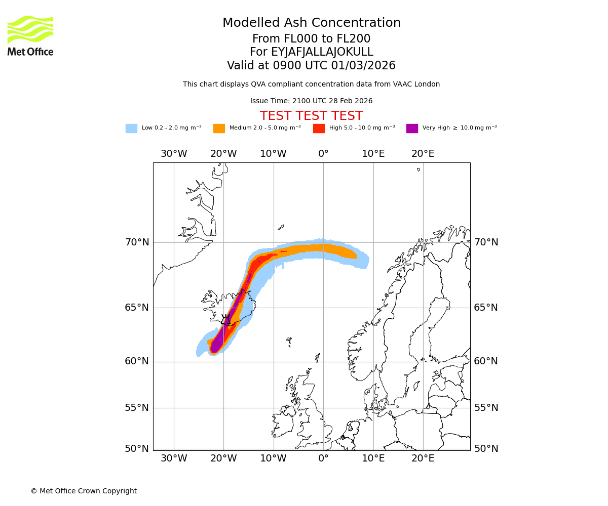 Modelled ash concentration from 000 to 200 for EYJAFJALLAJOKULL. Valid at 0900 UTC 01/03/2026