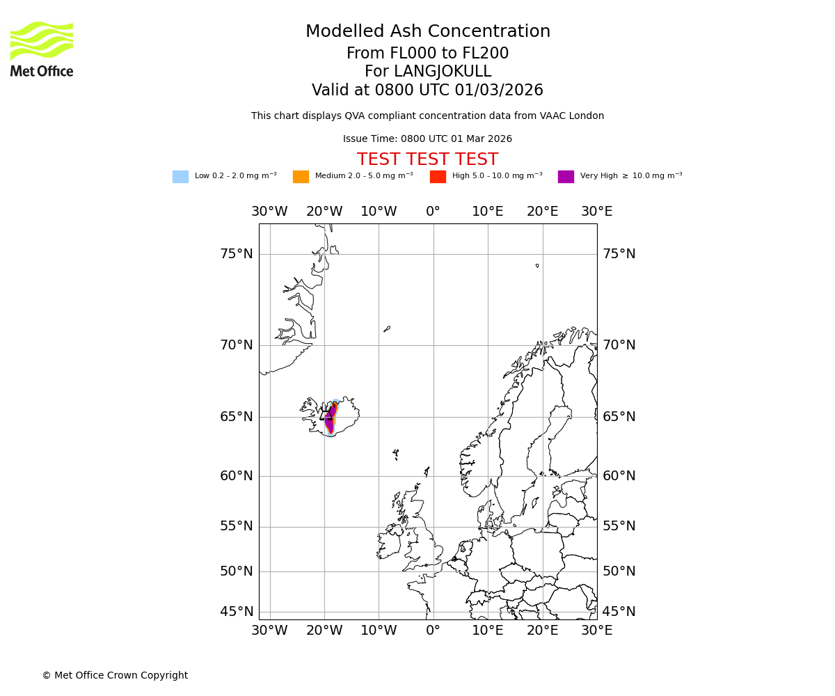 Modelled ash concentration from 000 to 200 for LANGJOKULL. Valid at 0800 UTC 01/03/2026