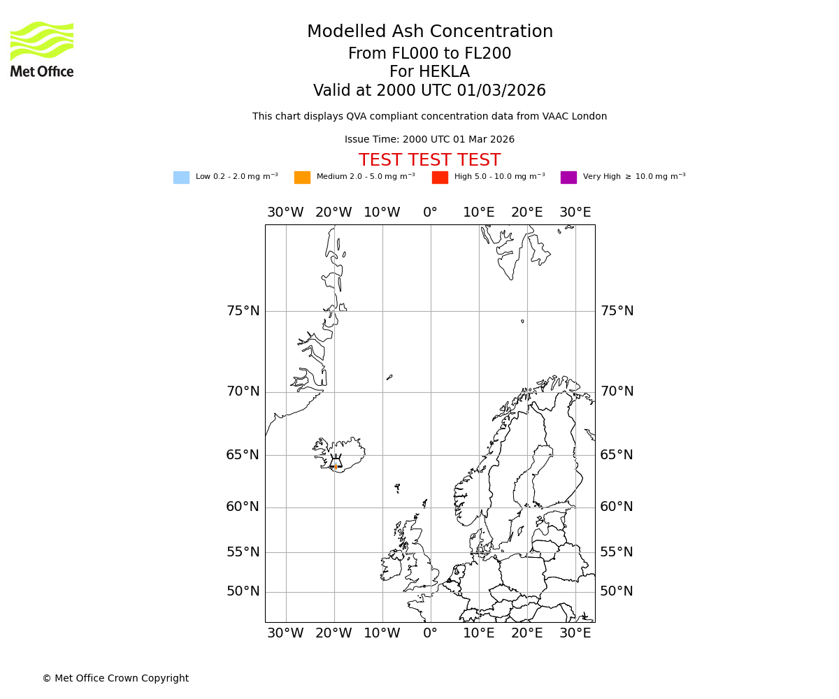 Modelled ash concentration from 000 to 200 for HEKLA. Valid at 2000 UTC 01/03/2026