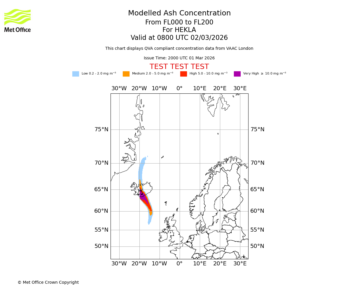 Modelled ash concentration from 000 to 200 for HEKLA. Valid at 0800 UTC 02/03/2026