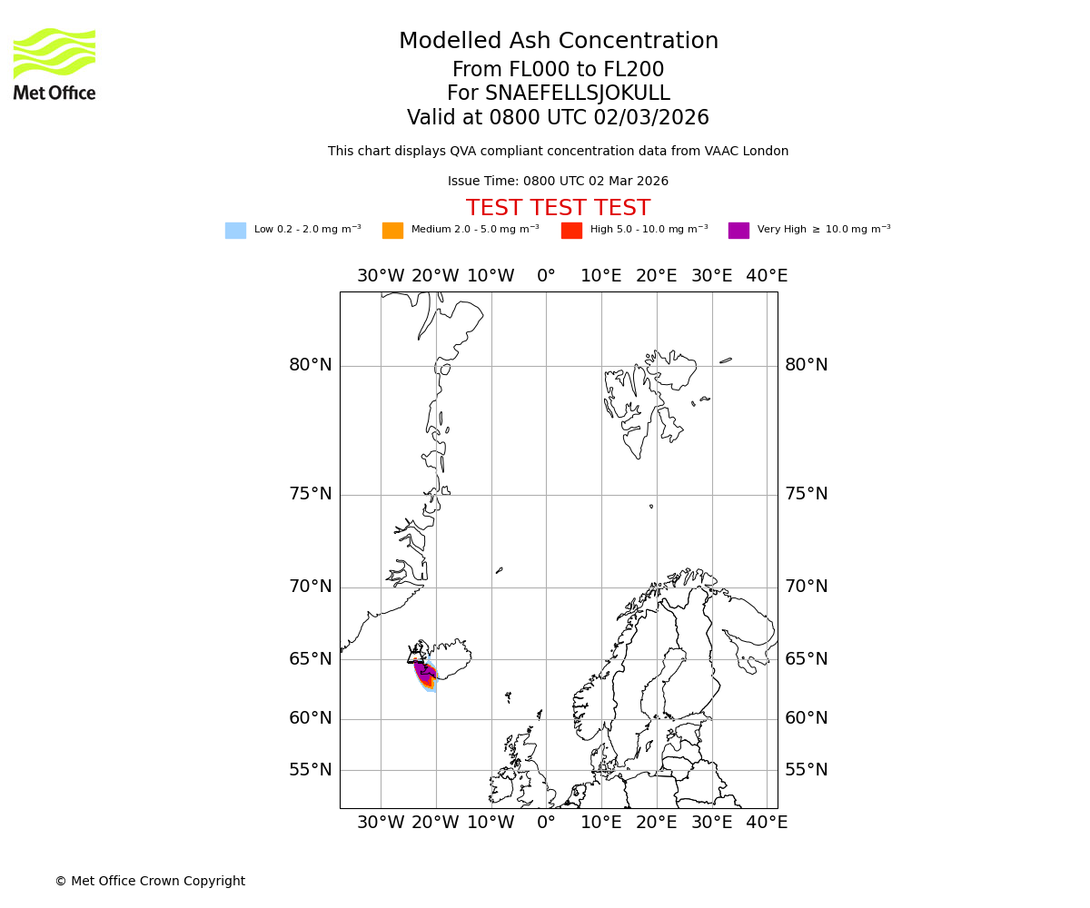 Modelled ash concentration from 000 to 200 for SNAEFELLSJOKULL. Valid at 0800 UTC 02/03/2026