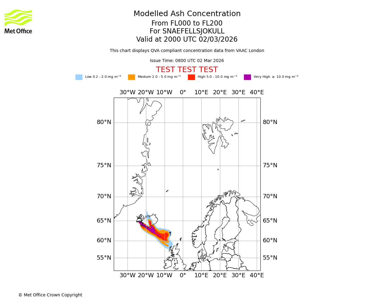 Modelled ash concentration from 000 to 200 for SNAEFELLSJOKULL. Valid at 2000 UTC 02/03/2026