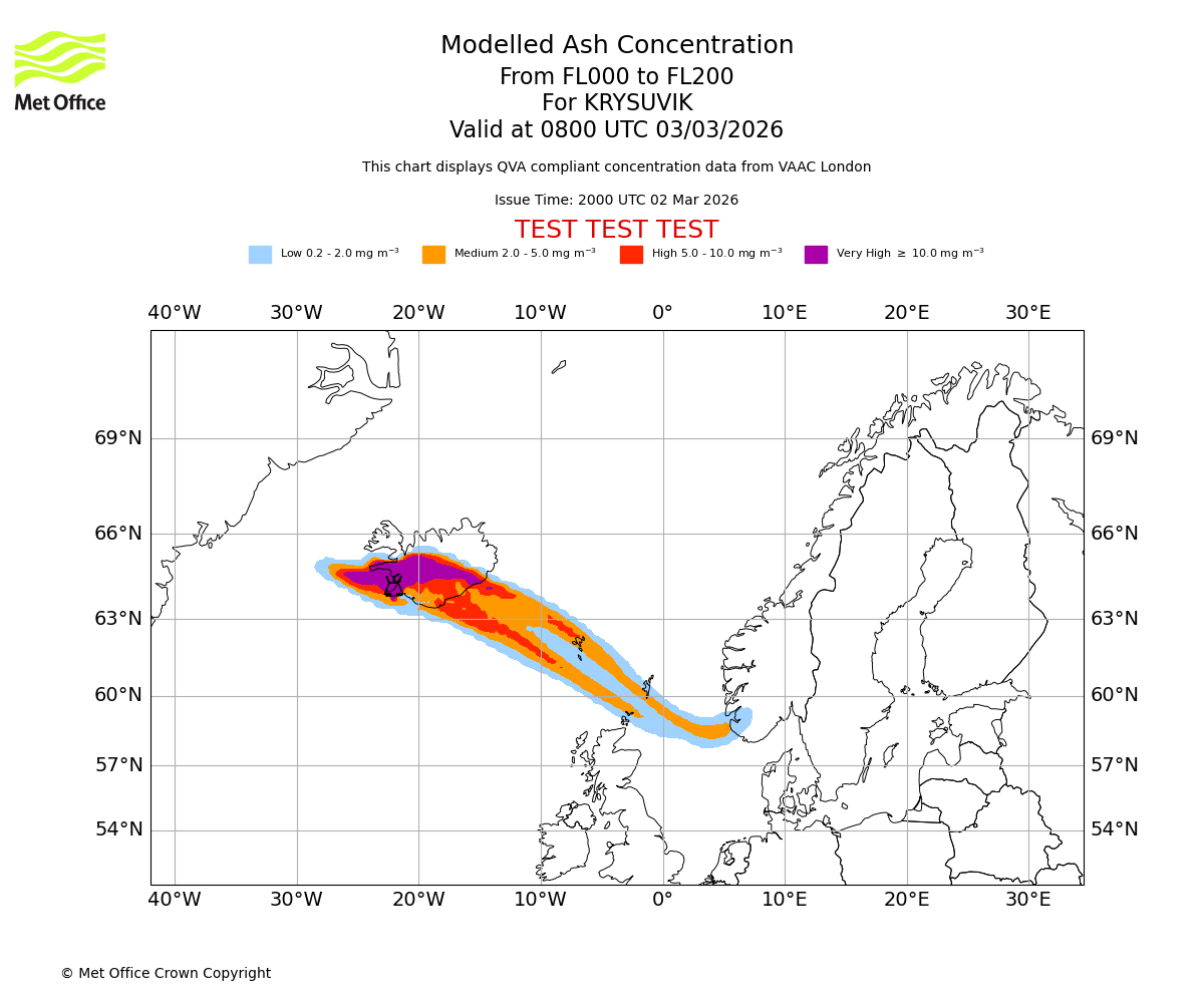 Modelled ash concentration from 000 to 200 for KRYSUVIK. Valid at 0800 UTC 03/03/2026