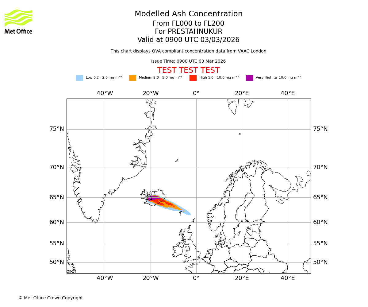 Modelled ash concentration from 000 to 200 for PRESTAHNUKUR. Valid at 0900 UTC 03/03/2026