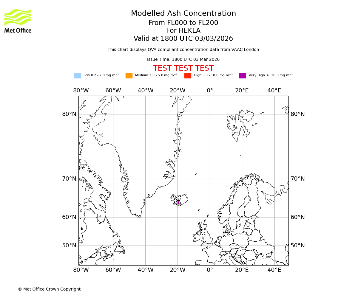 Modelled ash concentration from 000 to 200 for HEKLA. Valid at 1800 UTC 03/03/2026