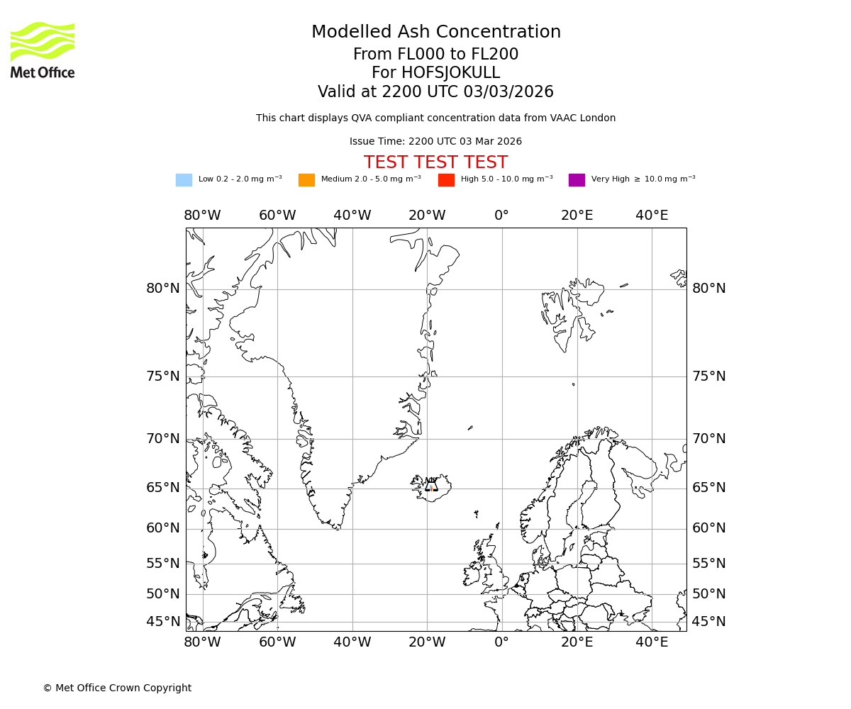 Modelled ash concentration from 000 to 200 for HOFSJOKULL. Valid at 2200 UTC 03/03/2026