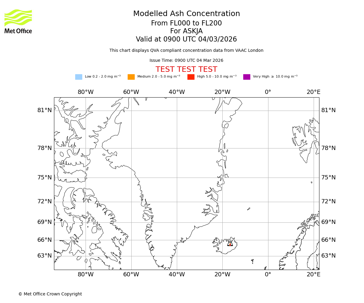 Modelled ash concentration from 000 to 200 for ASKJA. Valid at 0900 UTC 04/03/2026
