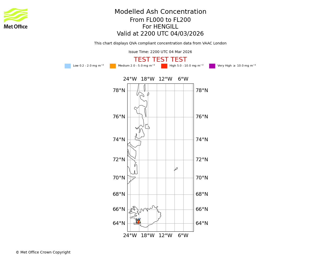 Modelled ash concentration from 000 to 200 for HENGILL. Valid at 2200 UTC 04/03/2026
