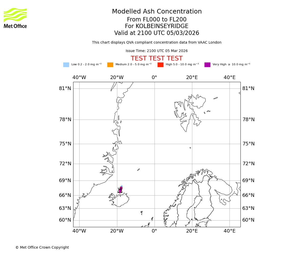 Modelled ash concentration from 000 to 200 for KOLBEINSEYRIDGE. Valid at 2100 UTC 05/03/2026