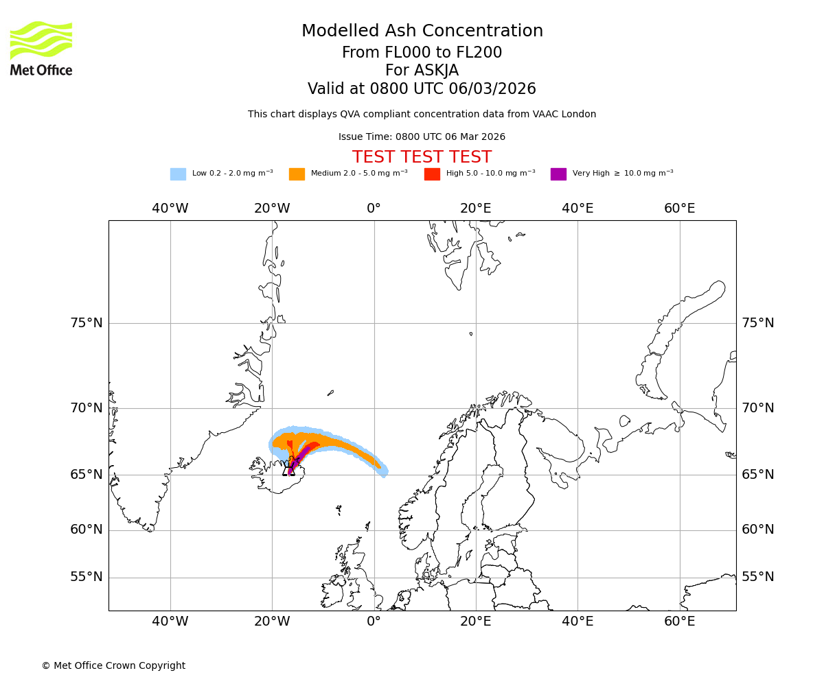 Modelled ash concentration from 000 to 200 for ASKJA. Valid at 0800 UTC 06/03/2026