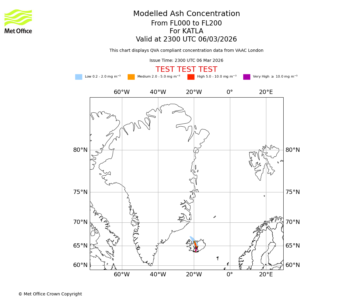 Modelled ash concentration from 000 to 200 for KATLA. Valid at 2300 UTC 06/03/2026