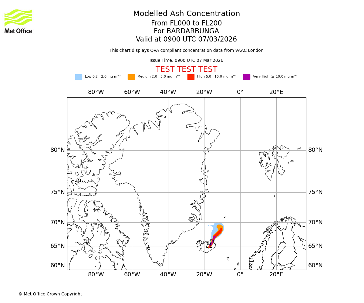Modelled ash concentration from 000 to 200 for BARDARBUNGA. Valid at 0900 UTC 07/03/2026