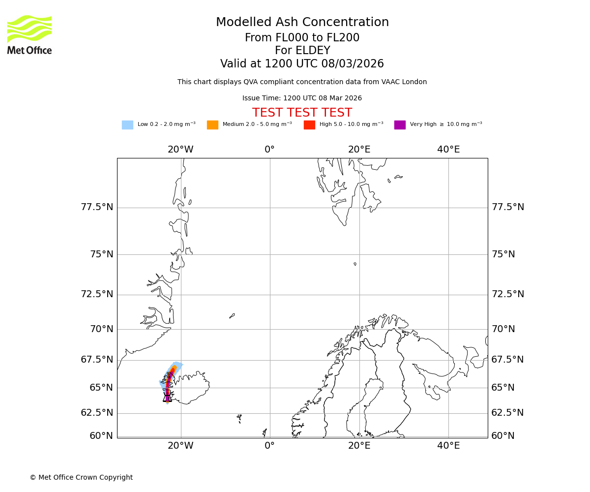 Modelled ash concentration from 000 to 200 for ELDEY. Valid at 1200 UTC 08/03/2026