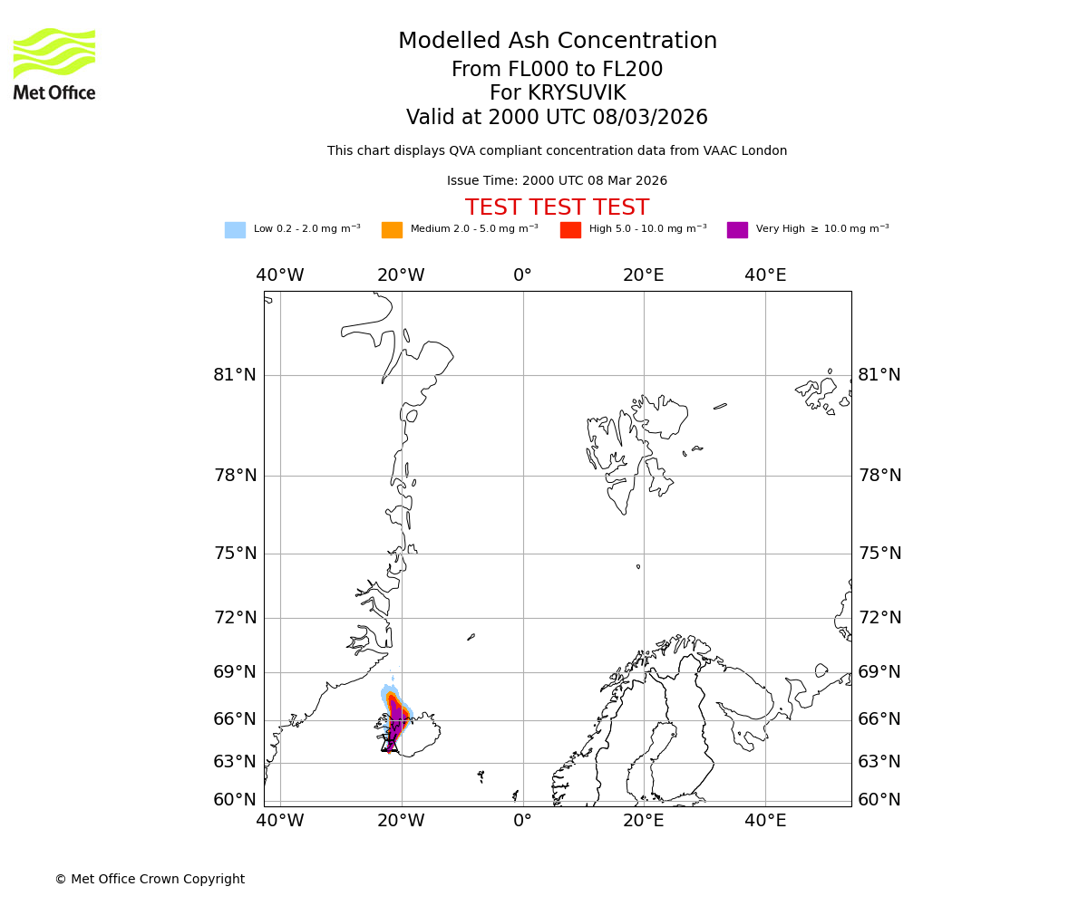 Modelled ash concentration from 000 to 200 for KRYSUVIK. Valid at 2000 UTC 08/03/2026