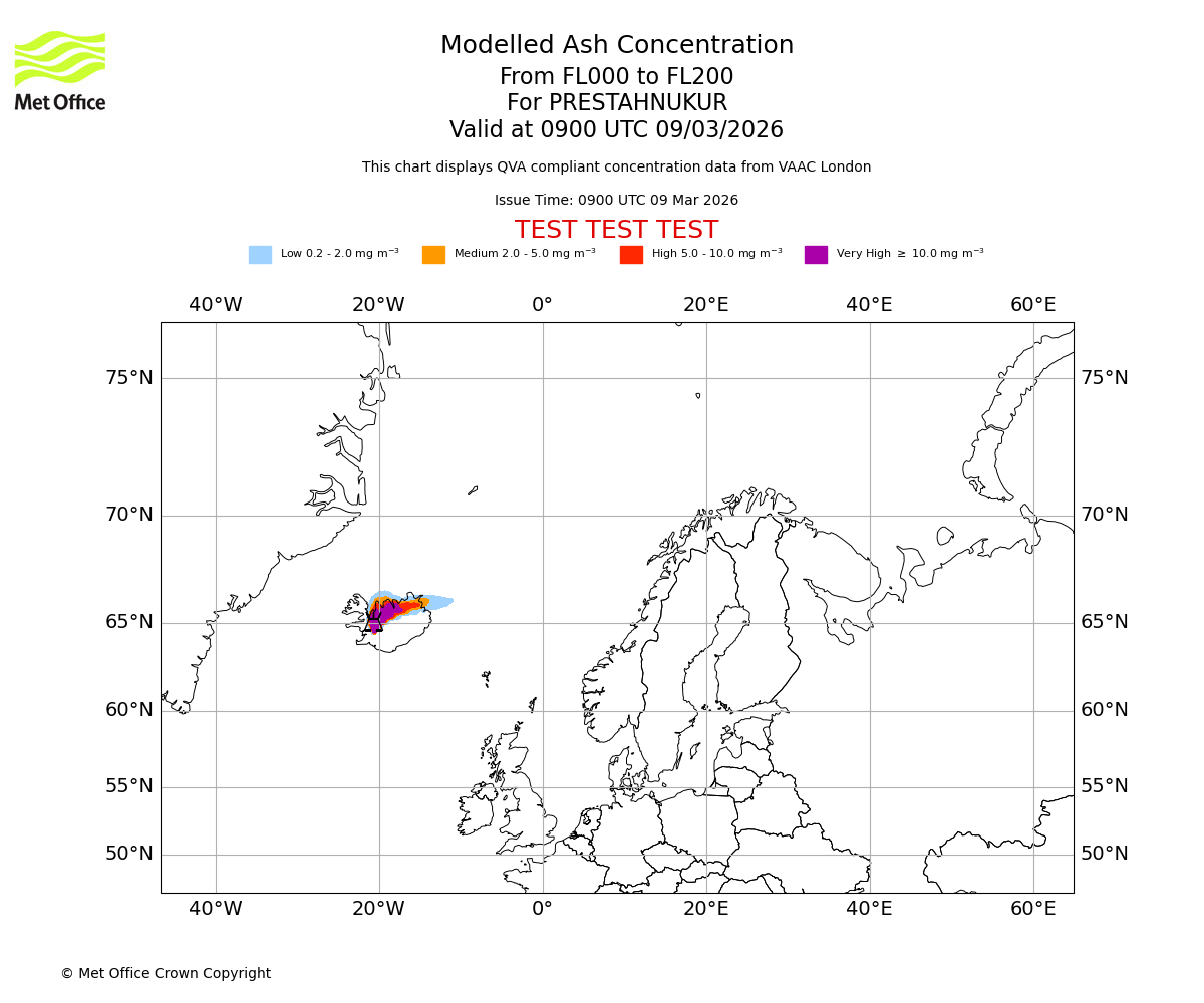 Modelled ash concentration from 000 to 200 for PRESTAHNUKUR. Valid at 0900 UTC 09/03/2026