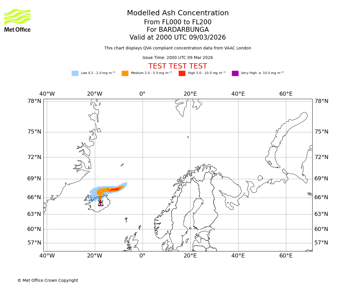 Modelled ash concentration from 000 to 200 for BARDARBUNGA. Valid at 2000 UTC 09/03/2026