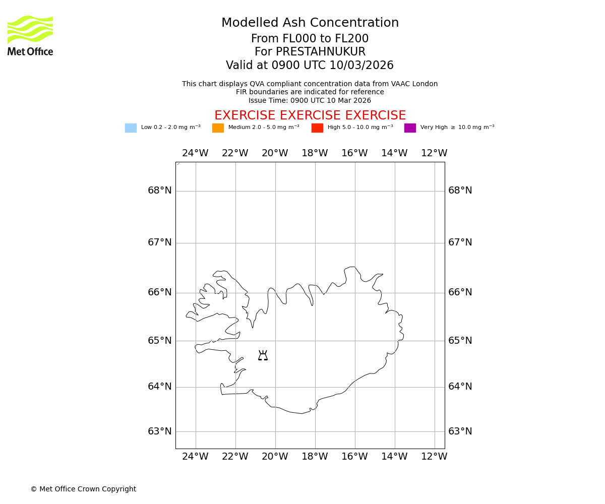 Modelled ash concentration from 000 to 200 for PRESTAHNUKUR. Valid at 0900 UTC 10/03/2026