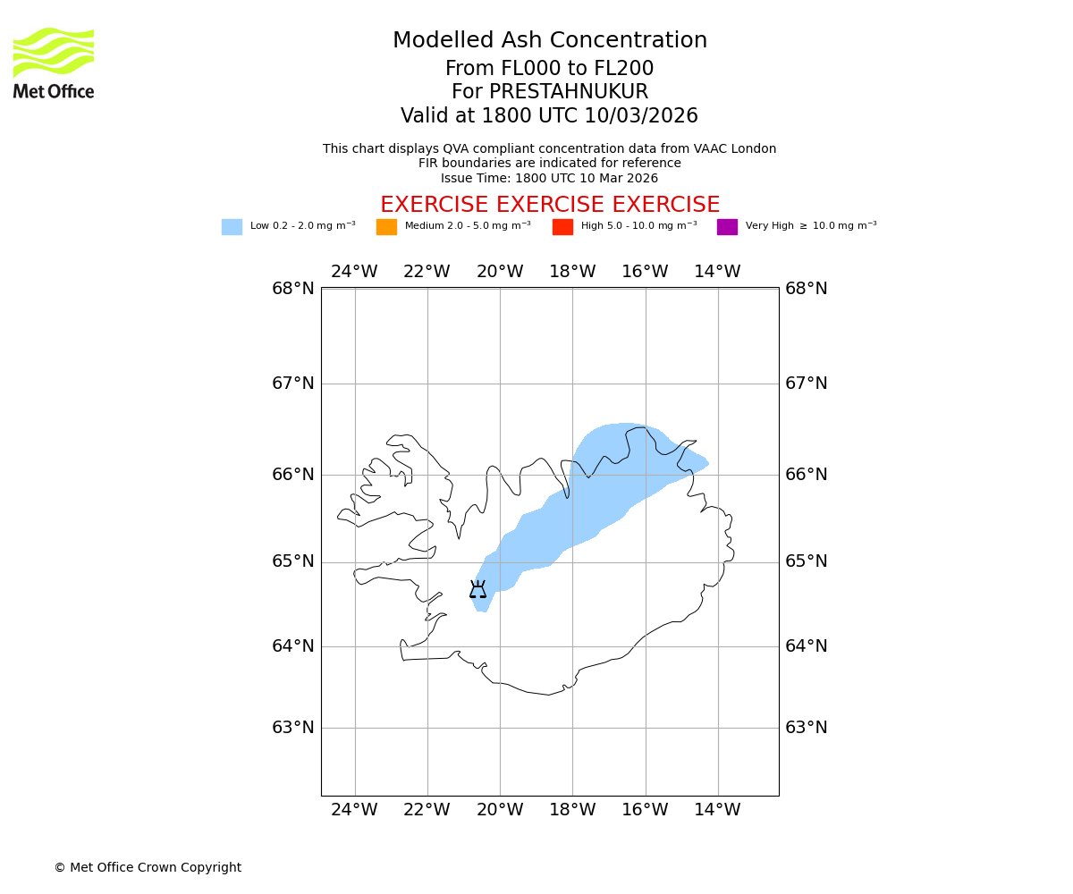 Modelled ash concentration from 000 to 200 for PRESTAHNUKUR. Valid at 1800 UTC 10/03/2026