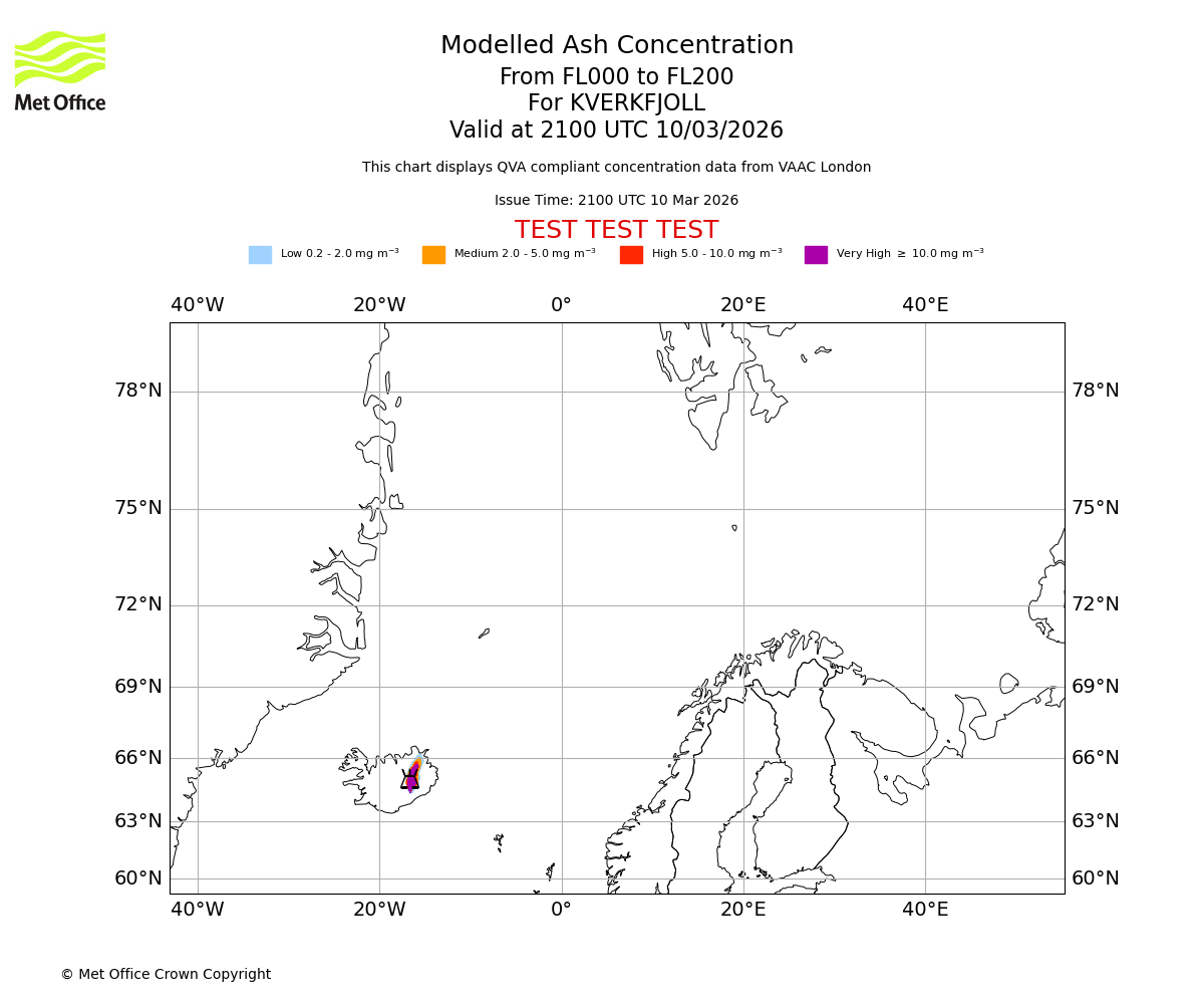 Modelled ash concentration from 000 to 200 for KVERKFJOLL. Valid at 2100 UTC 10/03/2026