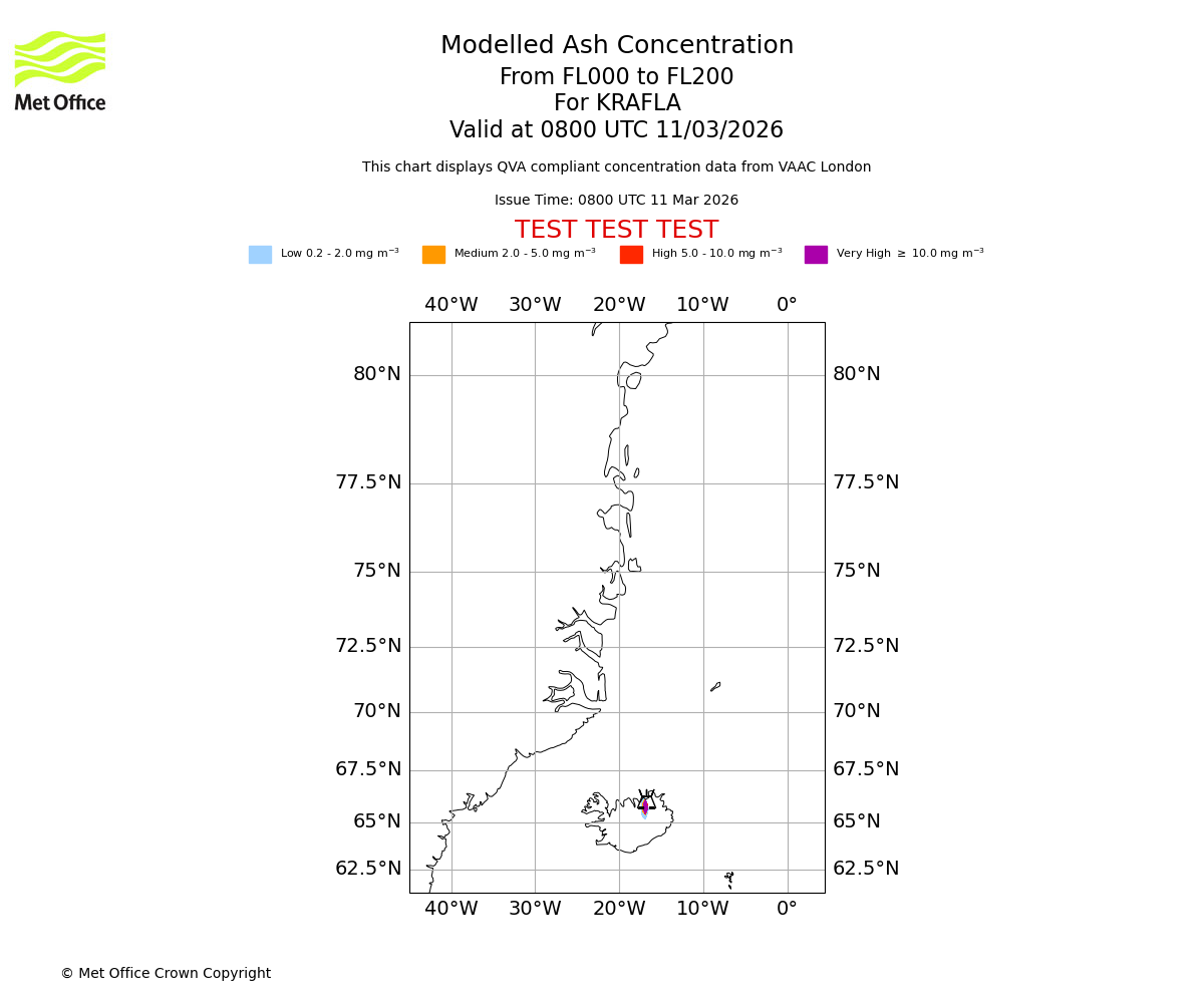 Modelled ash concentration from 000 to 200 for KRAFLA. Valid at 0800 UTC 11/03/2026