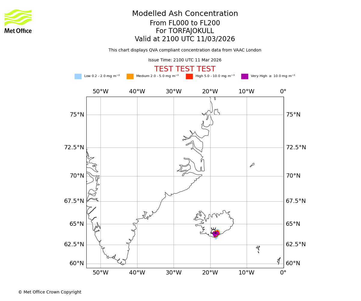 Modelled ash concentration from 000 to 200 for TORFAJOKULL. Valid at 2100 UTC 11/03/2026