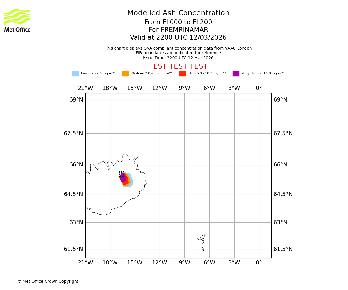 Modelled ash concentration from 000 to 200 for FREMRINAMAR. Valid at 2200 UTC 12/03/2026