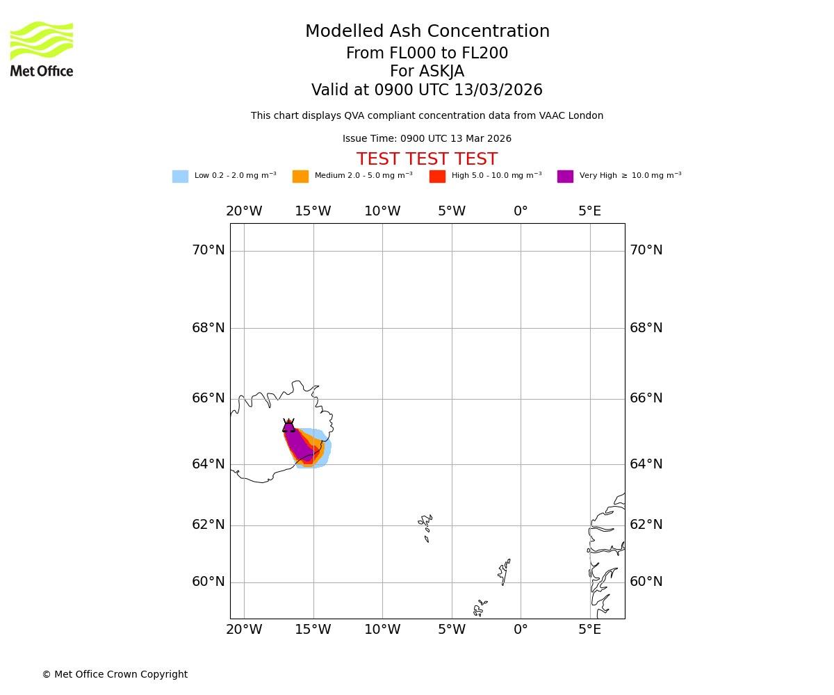 Modelled ash concentration from 000 to 200 for ASKJA. Valid at 0900 UTC 13/03/2026