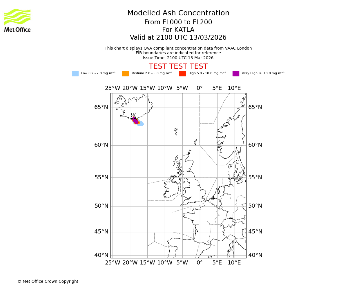 Modelled ash concentration from 000 to 200 for KATLA. Valid at 2100 UTC 13/03/2026