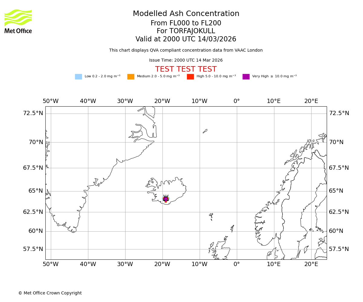 Modelled ash concentration from 000 to 200 for TORFAJOKULL. Valid at 2000 UTC 14/03/2026