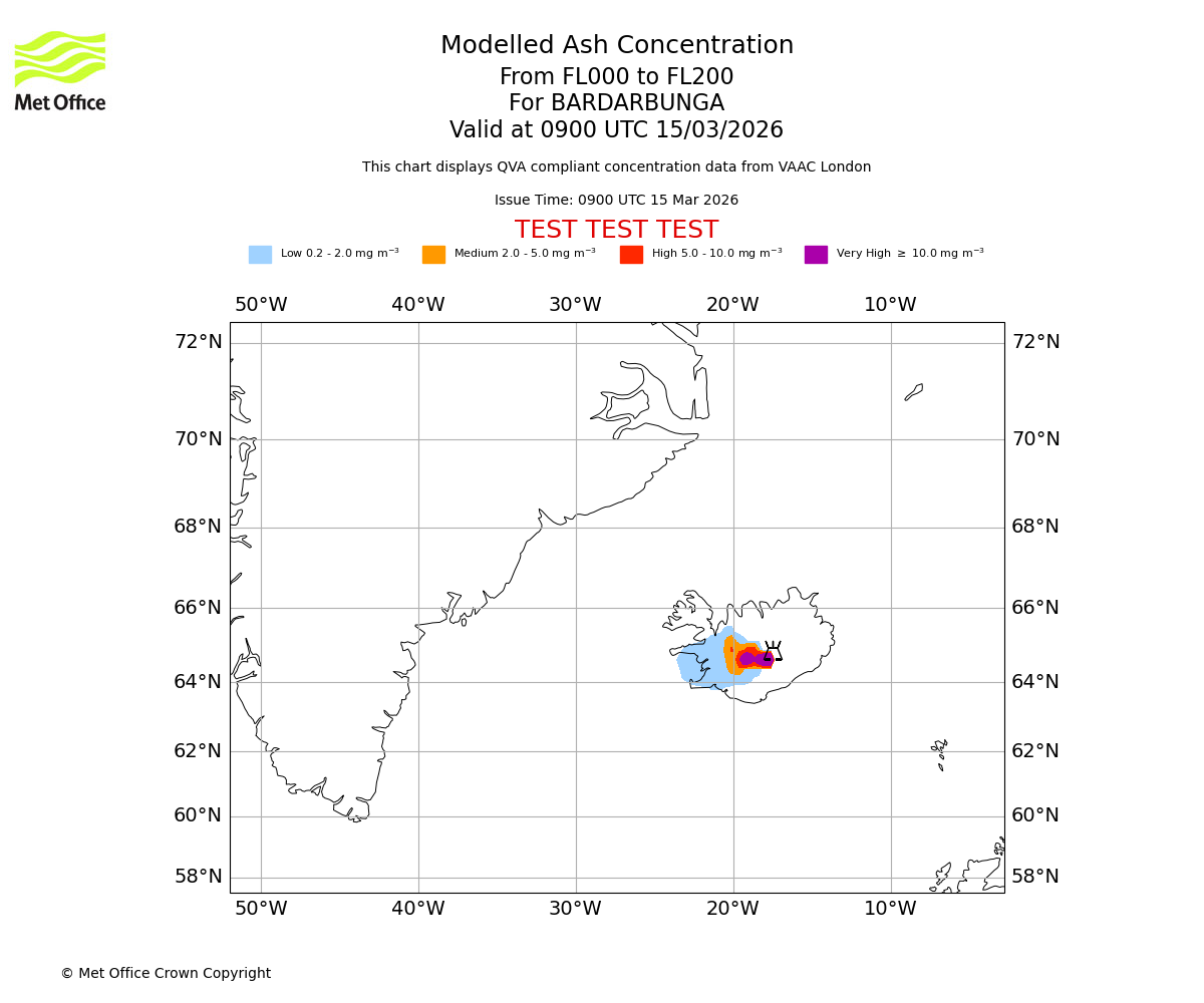 Modelled ash concentration from 000 to 200 for BARDARBUNGA. Valid at 0900 UTC 15/03/2026