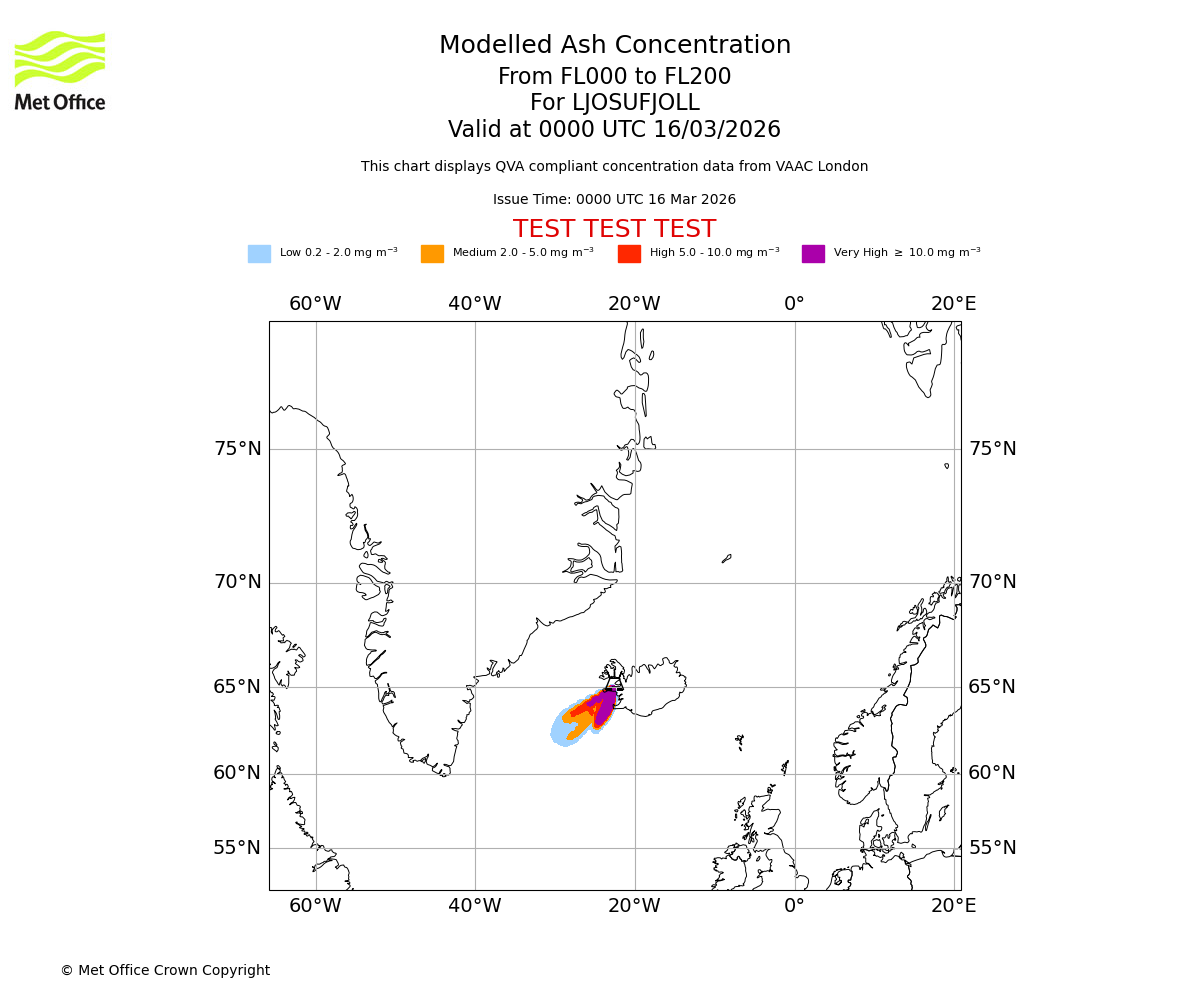 Modelled ash concentration from 000 to 200 for LJOSUFJOLL. Valid at 0000 UTC 16/03/2026