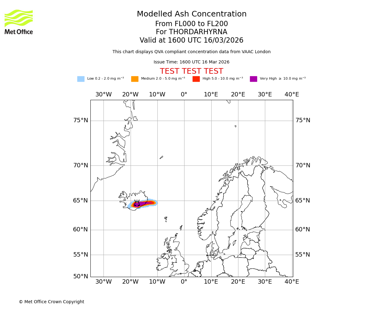 Modelled ash concentration from 000 to 200 for THORDARHYRNA. Valid at 1600 UTC 16/03/2026