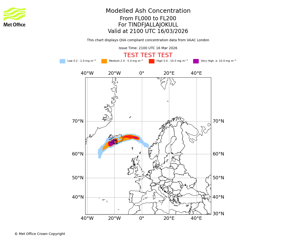 Modelled ash concentration from 000 to 200 for TINDFJALLAJOKULL. Valid at 2100 UTC 16/03/2026