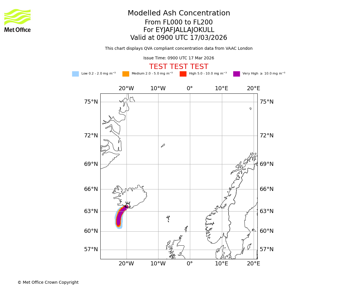 Modelled ash concentration from 000 to 200 for EYJAFJALLAJOKULL. Valid at 0900 UTC 17/03/2026