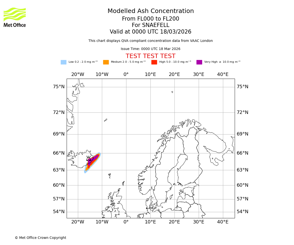 Modelled ash concentration from 000 to 200 for SNAEFELL. Valid at 0000 UTC 18/03/2026