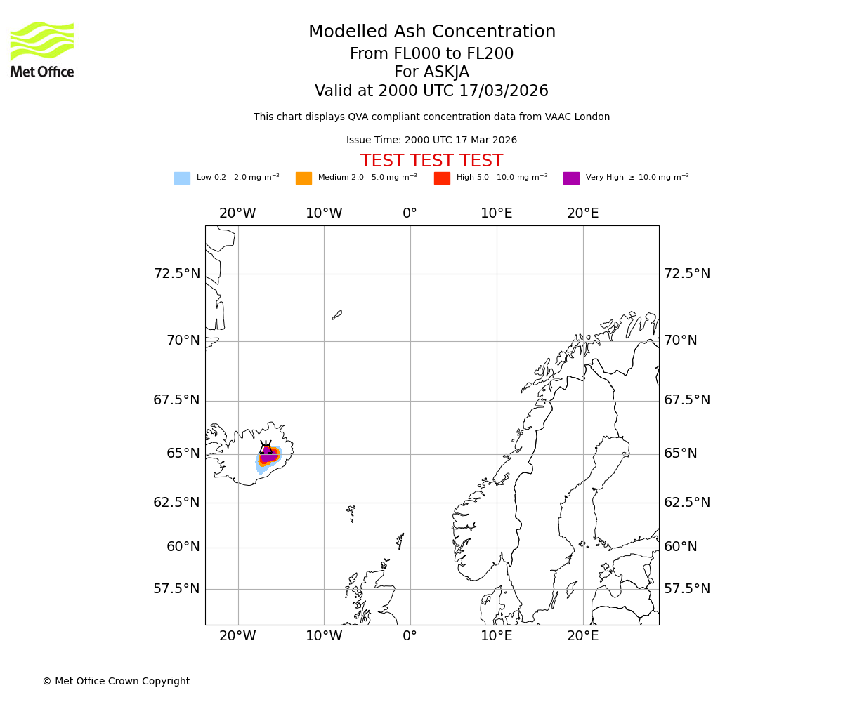Modelled ash concentration from 000 to 200 for ASKJA. Valid at 2000 UTC 17/03/2026