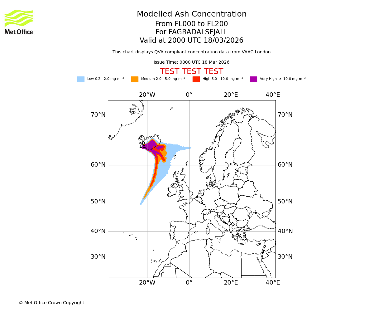 Modelled ash concentration from 000 to 200 for FAGRADALSFJALL. Valid at 2000 UTC 18/03/2026