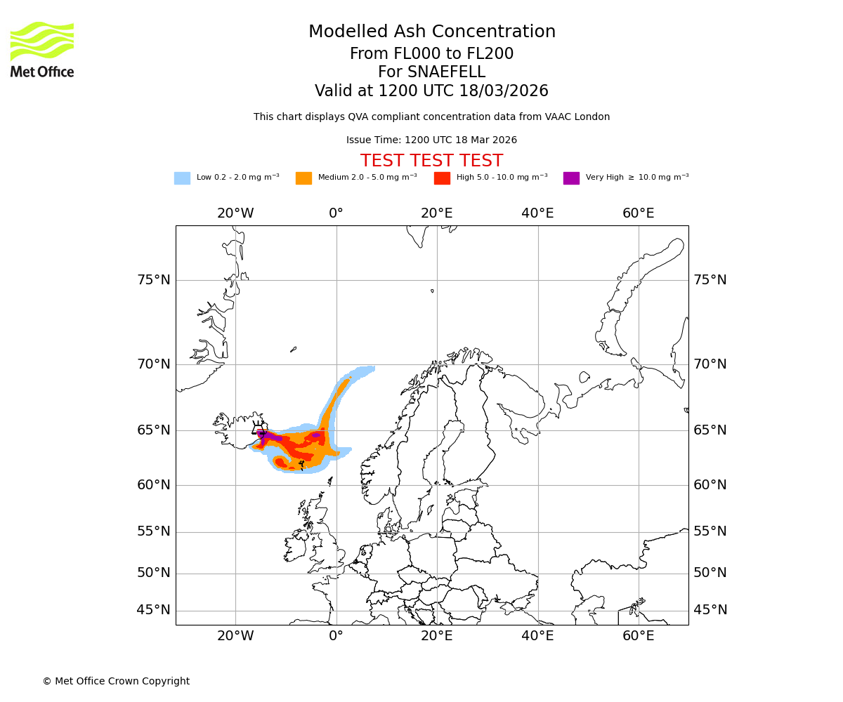 Modelled ash concentration from 000 to 200 for SNAEFELL. Valid at 1200 UTC 18/03/2026