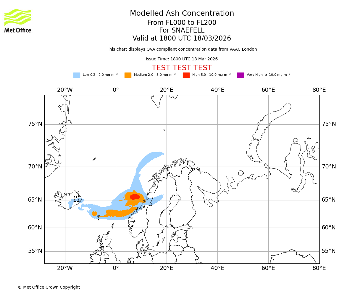 Modelled ash concentration from 000 to 200 for SNAEFELL. Valid at 1800 UTC 18/03/2026