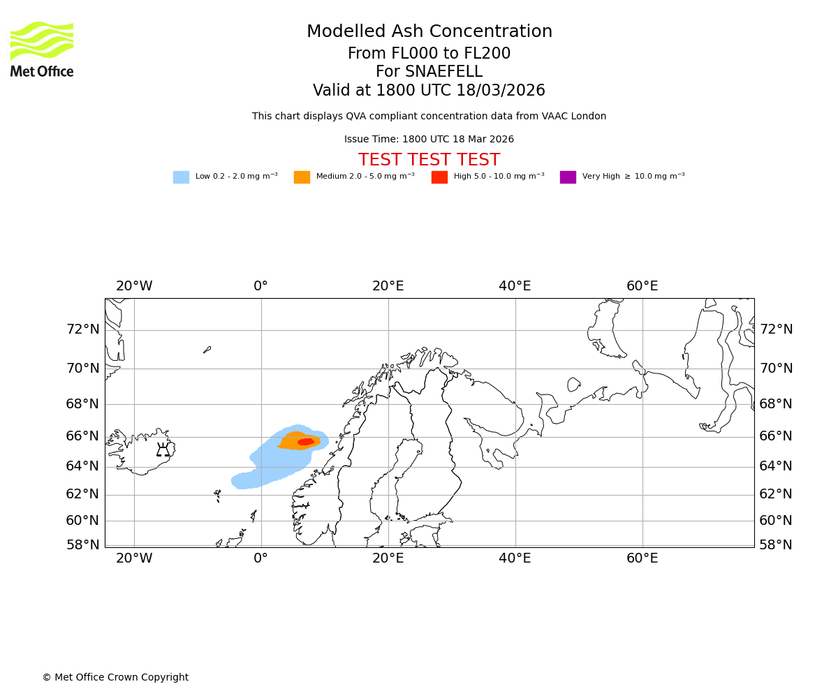 Modelled ash concentration from 000 to 200 for SNAEFELL. Valid at 1800 UTC 18/03/2026