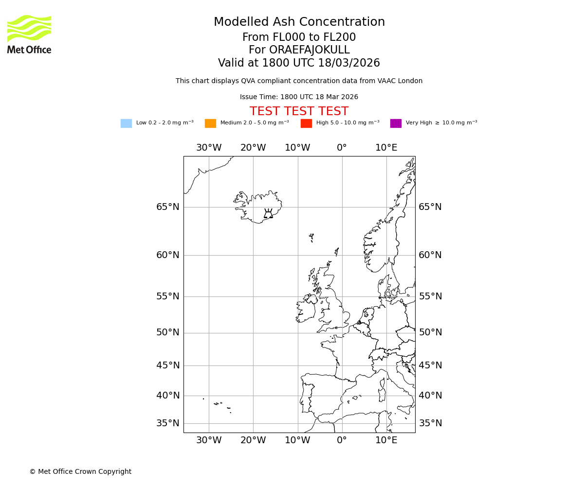 Modelled ash concentration from 000 to 200 for ORAEFAJOKULL. Valid at 1800 UTC 18/03/2026