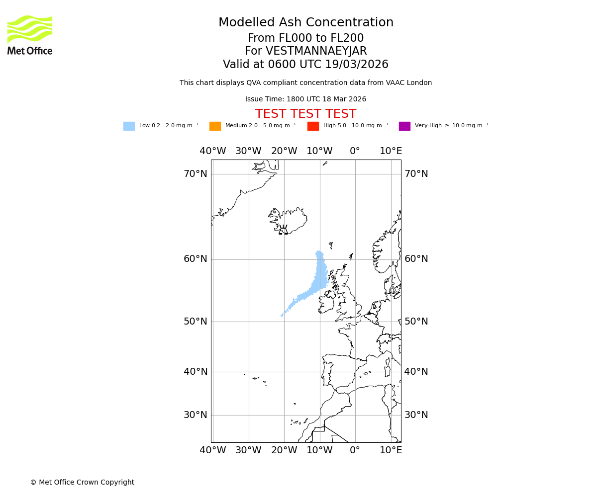 Modelled ash concentration from 000 to 200 for VESTMANNAEYJAR. Valid at 0600 UTC 19/03/2026